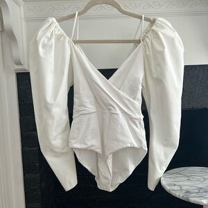 Maygel Coronel white puffed sleeve bathing suit body suit